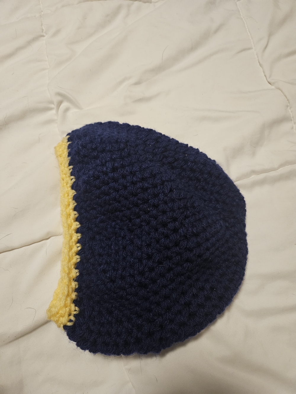 Navy Blue Knit Beanie with Yellow Trim Handmade